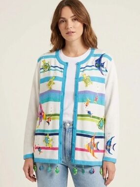 Just B Vintage Striped Tropical Fish Turtle Nautical Embroidered Beaded Cardigan